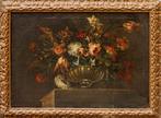 Scuola napoletana (XVII) - Vaso di fiori su base in marmo, Antiek en Kunst, Kunst | Schilderijen | Klassiek