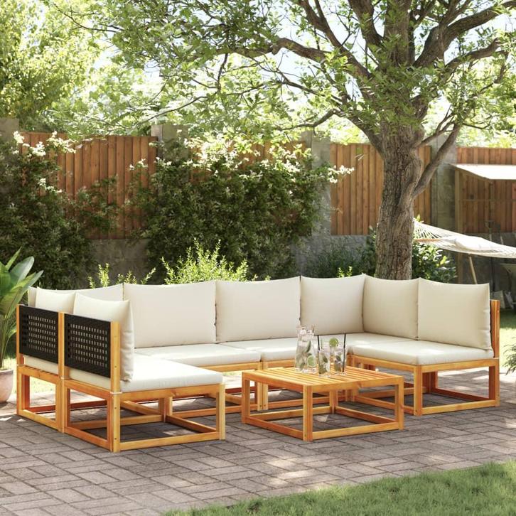 vidaXL 7-delige tuinbankset met kussens acaciahout & rotan, Tuin en Terras, Tuinsets en Loungesets, Nieuw, Verzenden