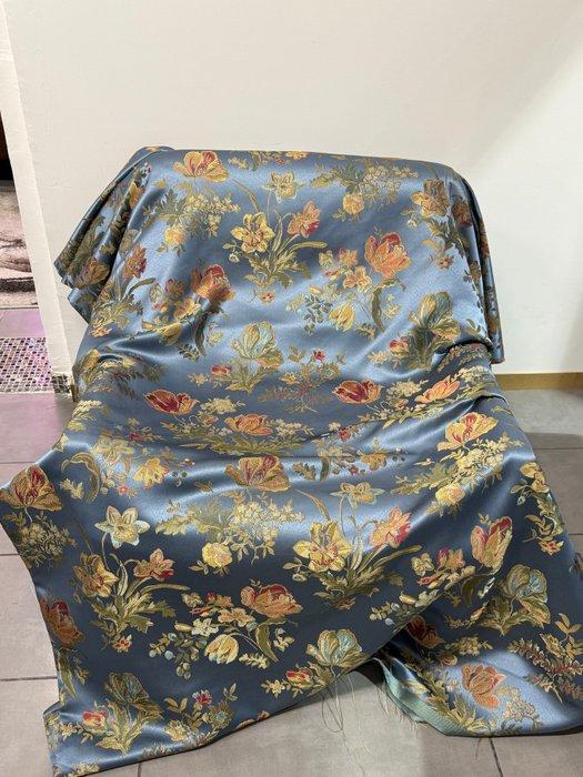 Jacquard-stof met bloemmotief op een blauwe, poederachtige, Antiek en Kunst, Antiek | Tapijten, Tafelkleden en Textiel