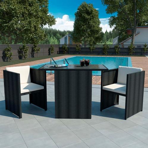 vidaXL 3-delige Bistroset met kussens poly rattan zwart, Tuin en Terras, Tuinsets en Loungesets, Nieuw, Verzenden