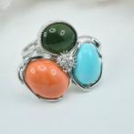 Bloedkoraal - Zilver - Ring - turkoois, koraal en jade, Antiquités & Art