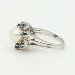 Ring - 14 karaat Witgoud Parel - Saffier, Handtassen en Accessoires, Ringen, Nieuw