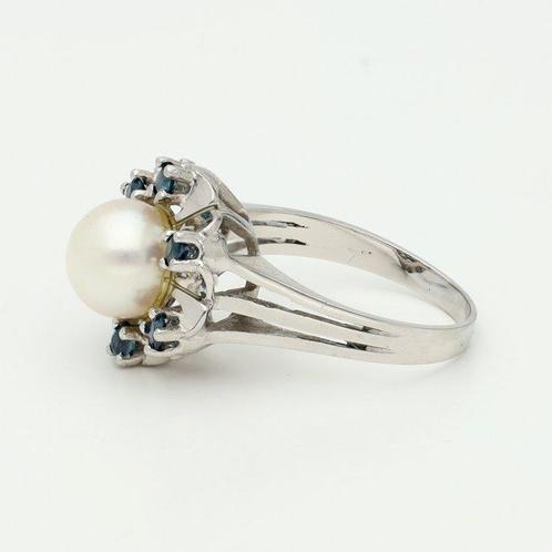 Ring - 14 karaat Witgoud Parel - Saffier, Handtassen en Accessoires, Ringen