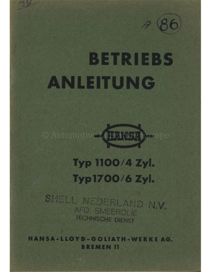 1937 HANSA 1100 / 1700 INSTRUCTIEBOEKJE DUITS, Autos : Divers, Modes d'emploi & Notices d'utilisation