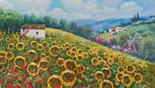 Domenico Ronca (1964) - The sunflowers field - Tuscany, Antiek en Kunst, Kunst | Schilderijen | Klassiek