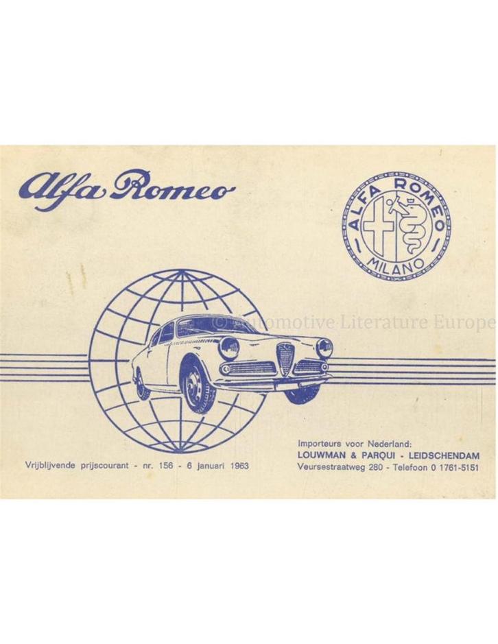 1963 ALFA ROMEO PRIJSLIJST NEDERLANDS, Boeken, Auto's | Folders en Tijdschriften