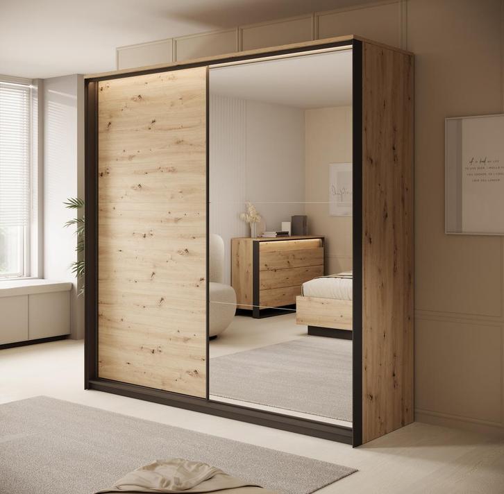 Kledingkast 220cm eiken schuifdeuren - Garderobekast met LED, Huis en Inrichting, Kasten | Overige, Nieuw, Verzenden