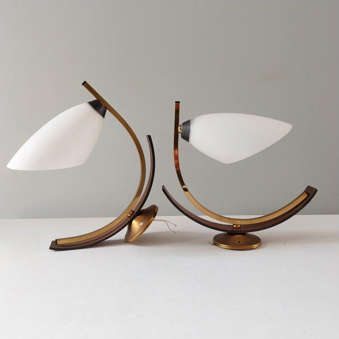 Wandlamp (2) - Gesatineerd glas, teak, messing, Antiquités & Art, Antiquités | Éclairage