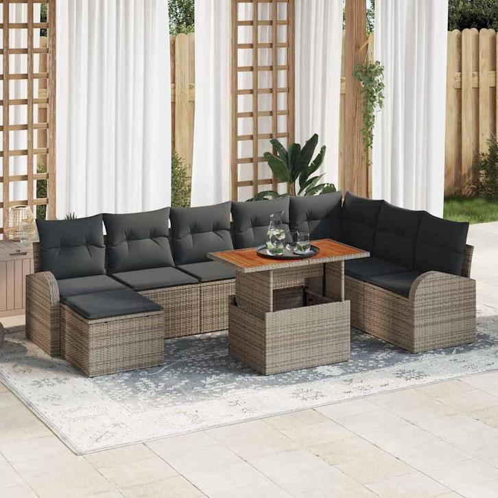 vidaXL Tuinbank Set 9 pcs Grijs Poly riet, poedercoated, Tuin en Terras, Tuinsets en Loungesets, Nieuw, Verzenden