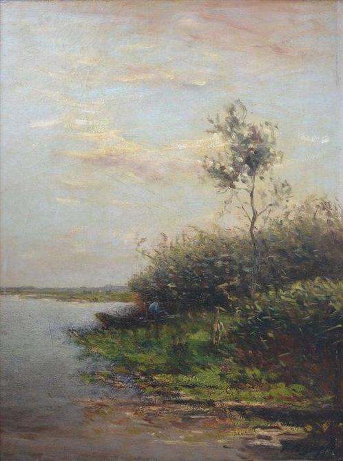 Victor Bauffe (1849-1921) - Polderlandschap met een man in, Antiek en Kunst, Kunst | Schilderijen | Klassiek
