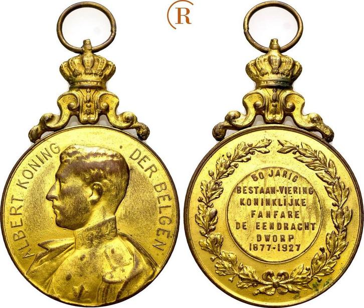 Vergoudete brons medaille 1927 Belgie: Albert I, 1909-1934:, Timbres & Monnaies, Pièces & Médailles, Envoi