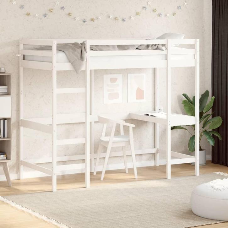 vidaXL Hoogslaper met bureau massief grenenhout wit 100x200, Huis en Inrichting, Slaapkamer | Bedden, Nieuw, Verzenden