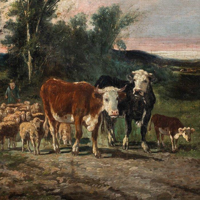 European school (XIX) - Landscape with cows and a flock of, Antiek en Kunst, Kunst | Schilderijen | Klassiek