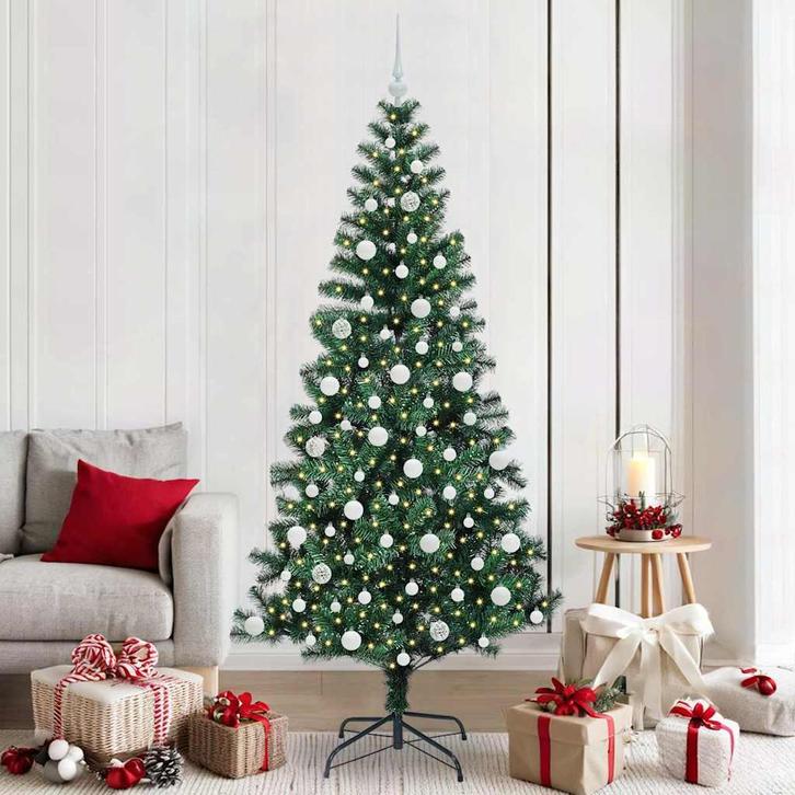 vidaXL Kunststof Voorverlichte Kerstboom Groen 210 cm PVC en, Diversen, Kerst, Nieuw, Verzenden