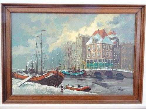 J. van Dijk (XX ) - Amsterdam winterse gracht met boten, Antiek en Kunst, Kunst | Schilderijen | Klassiek