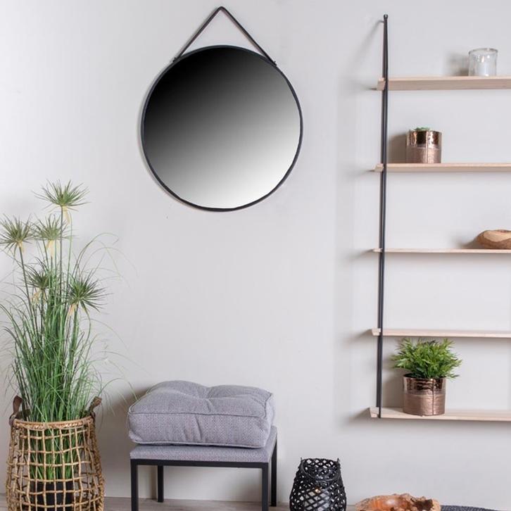Wandspiegel zwart | Kunstleren band | Rond, Huis en Inrichting, Woonaccessoires | Spiegels, Nieuw, Minder dan 50 cm, Rond, Minder dan 100 cm
