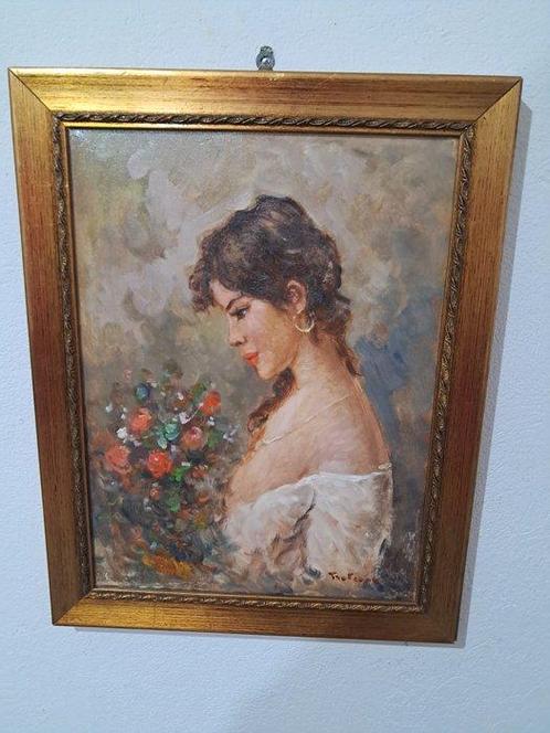 Petre Remus Troteanu( 1884-1957) - Girl with roses, Antiek en Kunst, Kunst | Schilderijen | Klassiek
