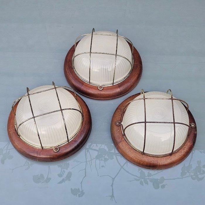 Wandlamp (3) - matglas - brons en hout, Antiek en Kunst, Curiosa en Brocante