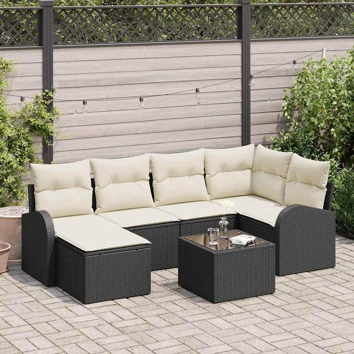 vidaXL Tuinbank Set met kussen 7 pcs Zwart Poly rattan, Tuin en Terras, Tuinsets en Loungesets, Nieuw, Verzenden