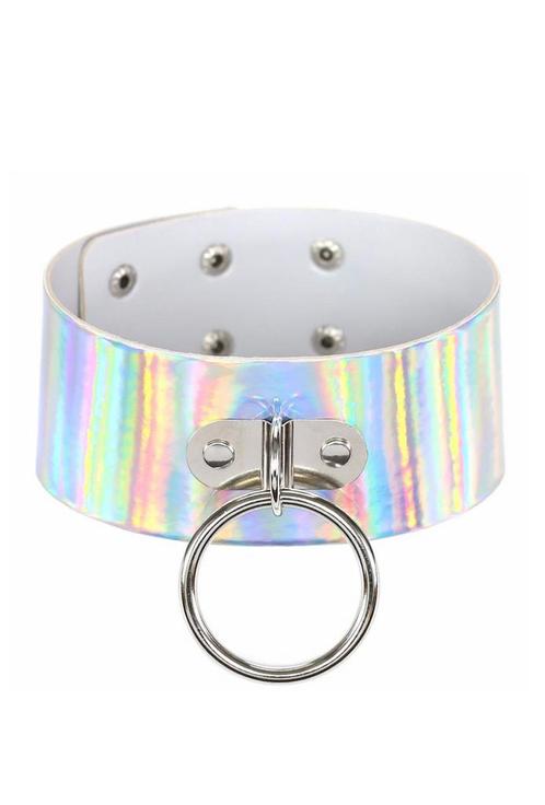 Choker Breed Zilver Ring Holografisch Iridescent Collar Hals, Bijoux, Sacs & Beauté, Colliers, Enlèvement ou Envoi