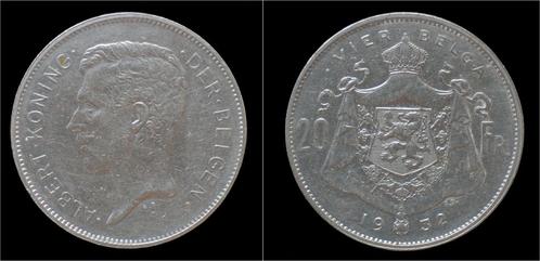 Belgium Albert I 20 frank (4belga) 1932vl-pos A nickel, Timbres & Monnaies, Monnaies | Europe | Monnaies non-euro, Envoi