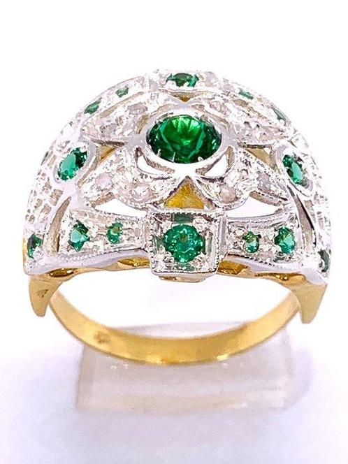 Zonder Minimumprijs - Ring - 9 kt. Geel goud, Zilver Smaragd, Handtassen en Accessoires, Ringen