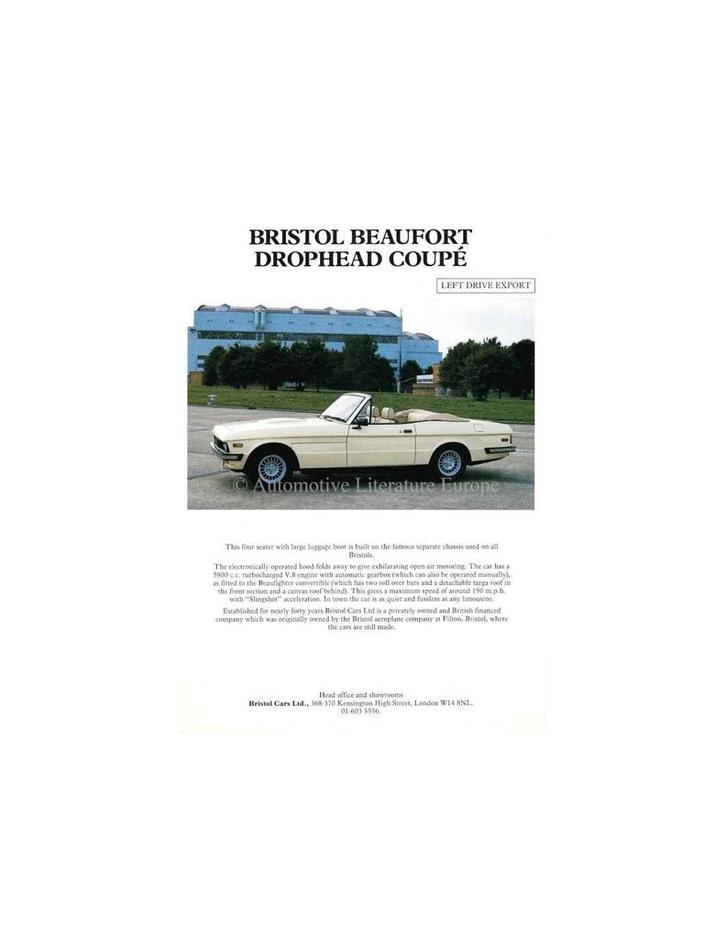 1987 BRISTOL BEAUFORT DROPHEAD COUPÉ LEAFLET ENGELS, Boeken, Auto's | Folders en Tijdschriften