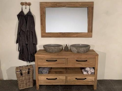 Teak badmeubelset 140cm Naturel incl  spiegel & waskommen, Maison & Meubles, Salle de bain | Meubles de Salle de bain, Enlèvement ou Envoi