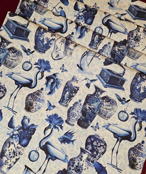 Tissu Vases Paradise avec singes et flamants roses -, Antiek en Kunst, Antiek | Tapijten, Tafelkleden en Textiel