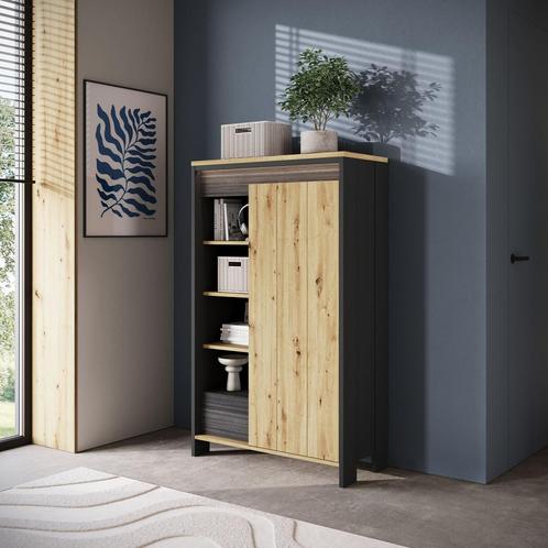 Meubella | Boekenkast eiken zwart 87cm - 1 lade, Huis en Inrichting, Kasten | Boekenkasten, 25 tot 50 cm, Nieuw, 50 tot 100 cm