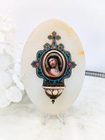 Antique Bénitier - Benitier : Marbre blanc & émail