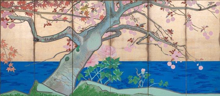 Byôbu  (vouwscherm) - Goudkleurig zilverblad, gelakt hout,, Antiek en Kunst, Antiek | Overige Antiek