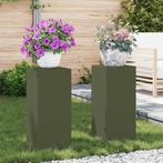 vidaXL Plantenstand 2 pcs Olijfgroen 24 x 24 x 55 cm Staal, Tuin en Terras, Verzenden, Nieuw