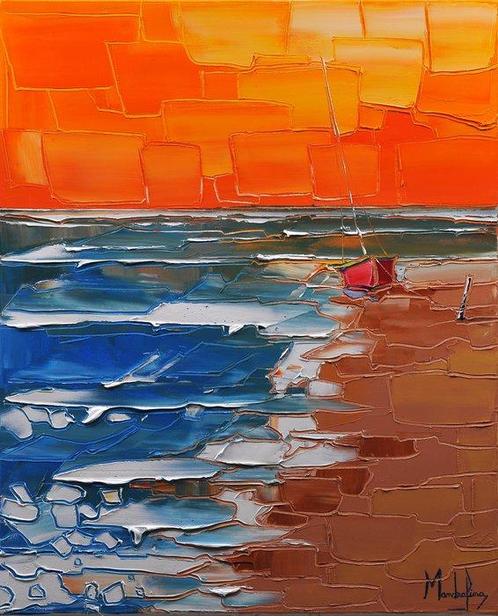 Caroline Mandrafina - La barque rouge au soleil levant - No, Antiquités & Art, Art | Peinture | Moderne