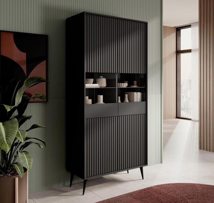Meubella | Vitrinekast antraciet glazen opbergkast, Huis en Inrichting, Kasten | Vitrinekasten, 25 tot 50 cm, Nieuw, 50 tot 100 cm