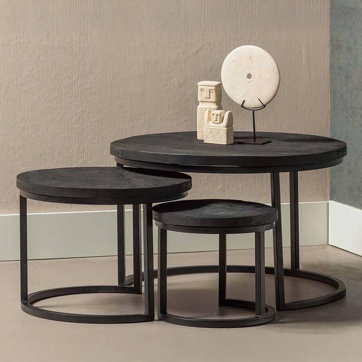 Salontafel Mangohout S Ula Set Van 3 Zwart, Huis en Inrichting, Tafels | Salontafels, Nieuw, Overige houtsoorten, Overige vormen
