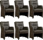 Set van 6 Donkergrijze leren landelijke eetkamerfauteuils -, Huis en Inrichting, Overige kleuren, Nieuw, Leer, Ophalen of Verzenden