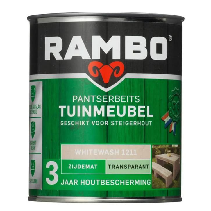 Rambo Pantserbeits Tuinmeubel Transparant Zijdemat Whitewash, Doe-het-zelf en Bouw, Verf, Beits en Lak, Nieuw, Verzenden