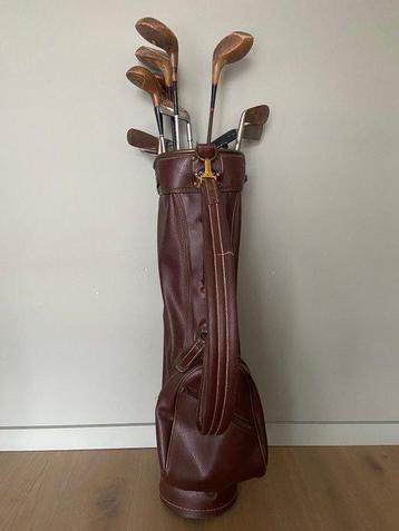 Vintage leren golftas inclusief 12 antieke golfclubs - Golf