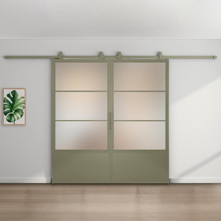 Dubbele stalen schuifdeur 3 Vlaks met kickplate Olijfgroen M, Doe-het-zelf en Bouw, Raamkozijnen en Schuifdeuren, Nieuw, 75 tot 150 cm