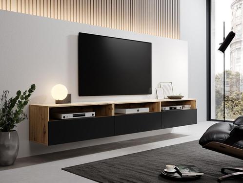 Meubella | TV-Meubel mat Zwart eiken 270cm zwevend, Huis en Inrichting, Kasten |Televisiemeubels, 25 tot 50 cm, Nieuw, Overige materialen