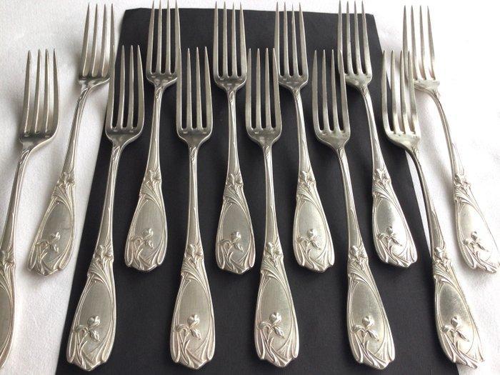 Elegante verzilverde Art Nouveau vorken versierd met Irissen, Antiek en Kunst, Kunst | Designobjecten