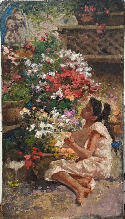 Scuola napoletana (XIX-XX) - Fanciulla tra i fiori, Antiek en Kunst, Kunst | Schilderijen | Klassiek