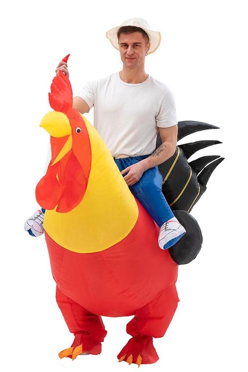 KIMU® Opblaas Kostuum Zittend op Haan Rood Geel Opblaasbaar, Kleding | Heren, Carnavalskleding en Feestkleding, Nieuw, Ophalen of Verzenden