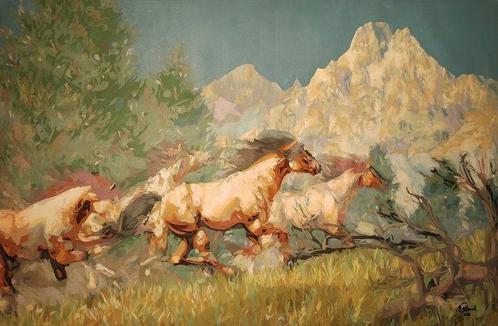 Daniel Bulimar Henciu - Horses, Antiek en Kunst, Kunst | Schilderijen | Modern