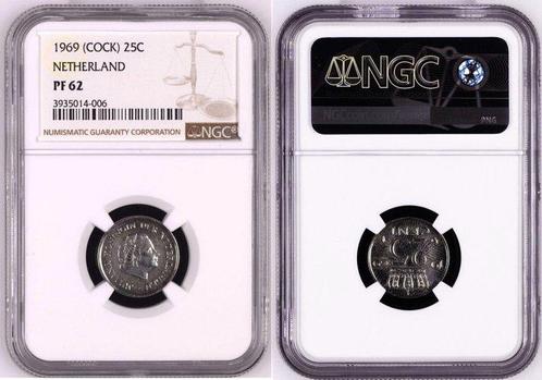 Nederland. Juliana. 25 Cents 1969 Cock Proof, NGC PF 62, Postzegels en Munten, Munten | Nederland