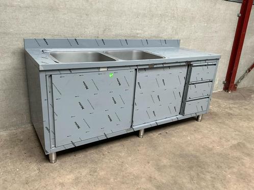 Spoeltafel met schuifdeuren en 3 laden 2 bak links 200cm, Zakelijke goederen, Horeca | Keukenapparatuur, Nieuw in verpakking, Inox Meubilair