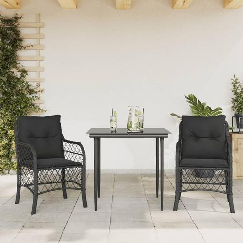 vidaXL 3-delige Bistroset met kussens poly rattan zwart, Tuin en Terras, Tuinsets en Loungesets, Nieuw, Verzenden