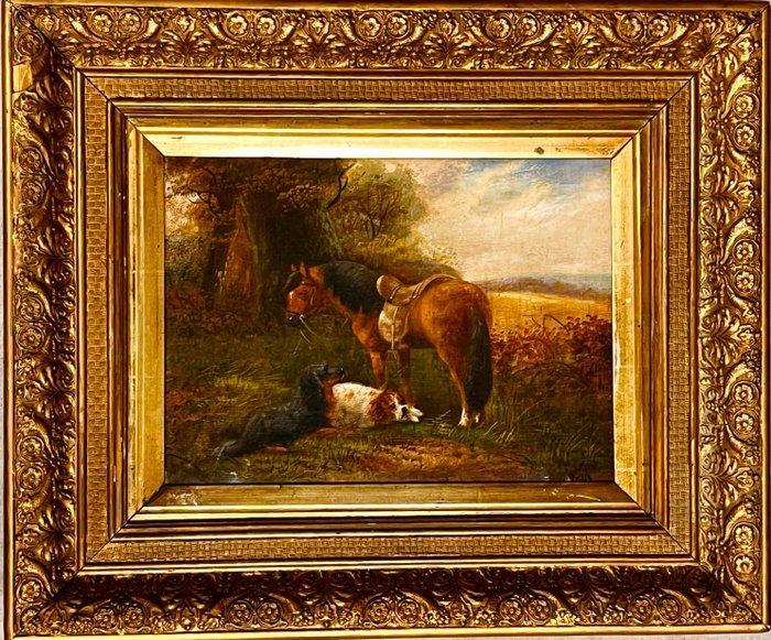 Scuola europea (XIX-XX) - Paesaggio con cavallo e cani, Antiek en Kunst, Kunst | Schilderijen | Klassiek