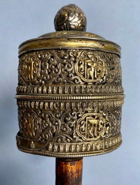 Prachtig gebedswiel van goudkleurig zilver met het mantra Om, Antiek en Kunst, Antiek | Overige Antiek